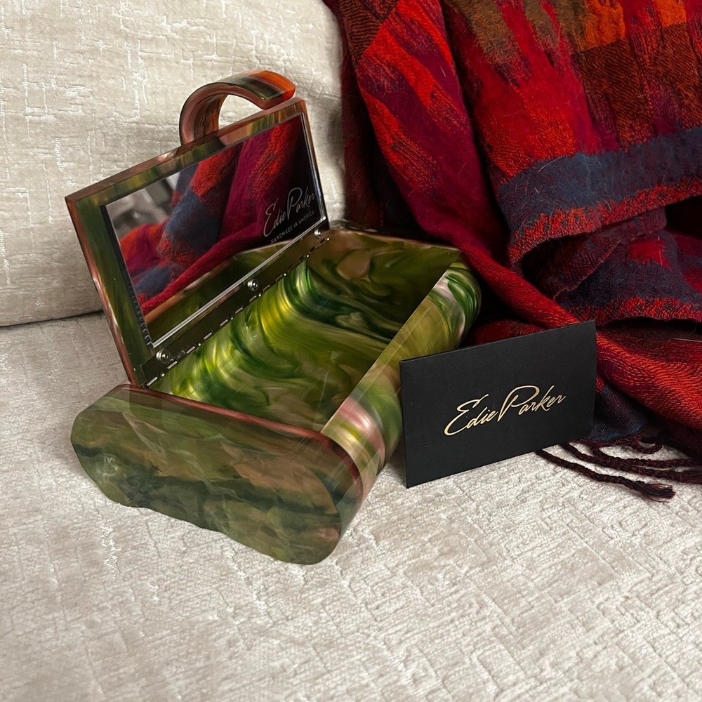 Edie Parker Pink and Green Marbled Acrylic Lara Box Clutch - Picture 2 of 3